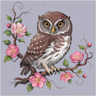 Pygmy Owl with Blossoms for Nature and Bird Lovers Posters and Art