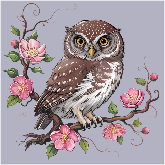Pygmy Owl with Blossoms for Nature and Bird Lovers Wall Art by BirdsnStuff
