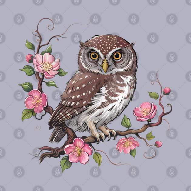 Pygmy Owl with Blossoms for Nature and Bird Lovers by BirdsnStuff