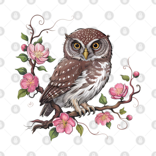 Pygmy Owl with Blossoms for Nature and Bird Lovers by BirdsnStuff