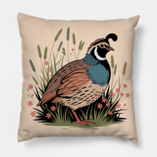 Wildflower Quail in Prairie Grass for Nature Fans Pillow