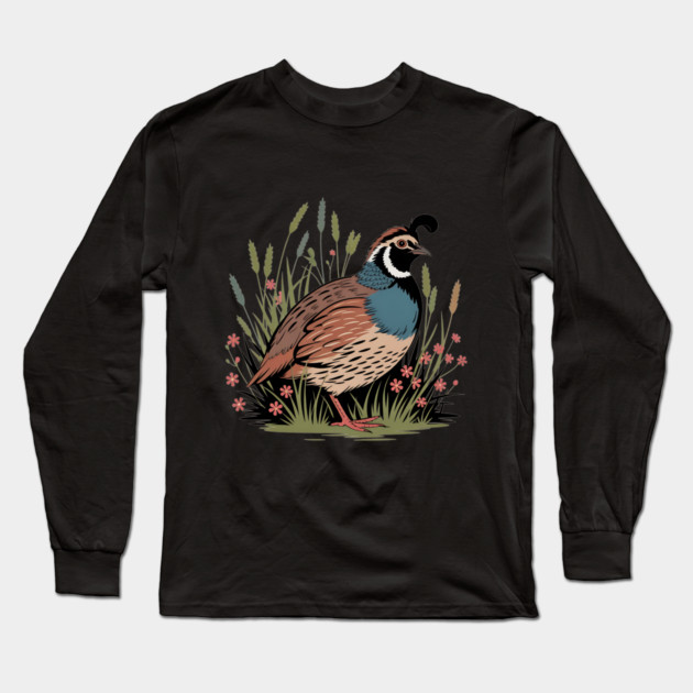 Wildflower Quail in Prairie Grass for Nature Fans Long Sleeve T-Shirt by BirdsnStuff