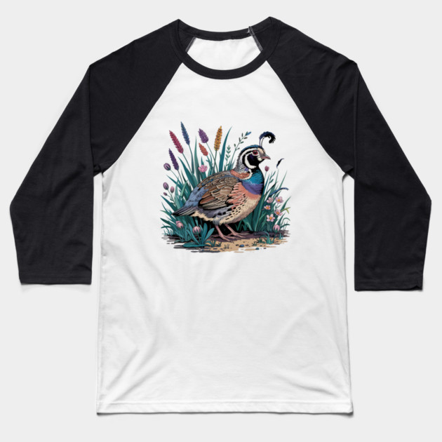 Vibrant Quail in Wild Meadow for Nature Lovers Baseball T-Shirt by BirdsnStuff
