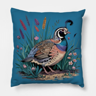 Vibrant Quail in Wild Meadow for Nature Lovers Pillow
