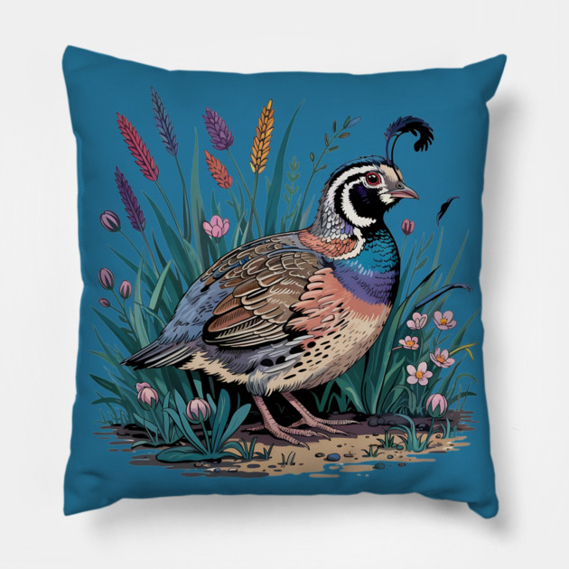 Vibrant Quail in Wild Meadow for Nature Lovers Pillow by BirdsnStuff