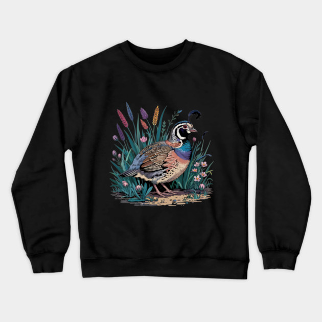 Vibrant Quail in Wild Meadow for Nature Lovers Crewneck Sweatshirt by BirdsnStuff