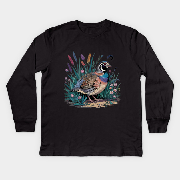 Vibrant Quail in Wild Meadow for Nature Lovers Kids Long Sleeve T-Shirt by BirdsnStuff