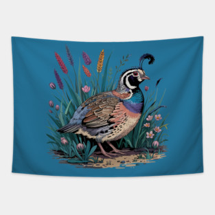Vibrant Quail in Wild Meadow for Nature Lovers Tapestry