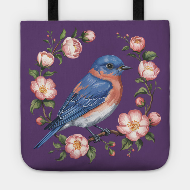 Eastern Bluebird in Blossoms for Nature Lovers Tote by BirdsnStuff