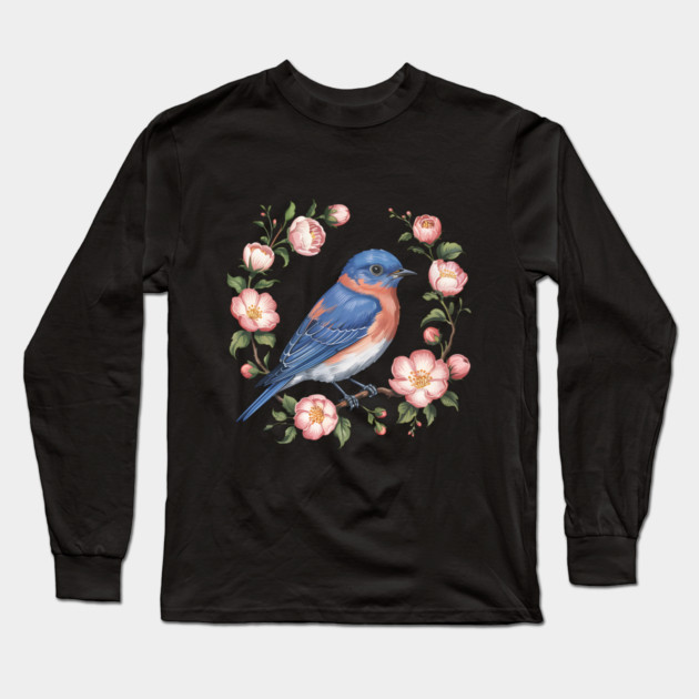 Eastern Bluebird in Blossoms for Nature Lovers Long Sleeve T-Shirt by BirdsnStuff