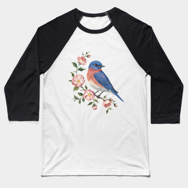 Eastern Bluebird Perched with Blossoms Baseball T-Shirt by BirdsnStuff