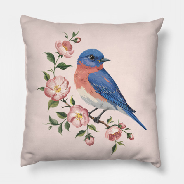 Eastern Bluebird Perched with Blossoms Pillow by BirdsnStuff