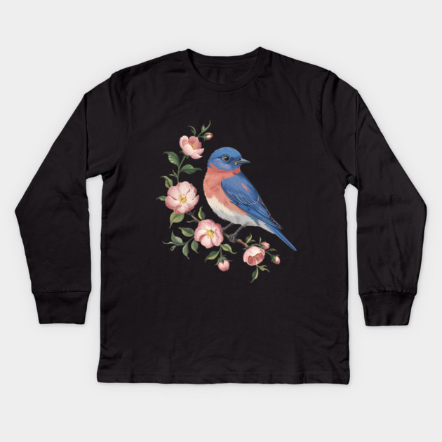 Eastern Bluebird Perched with Blossoms Kids Long Sleeve T-Shirt by BirdsnStuff