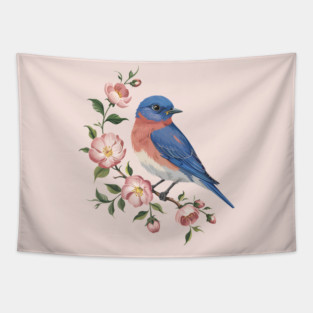 Eastern Bluebird Perched with Blossoms Tapestry