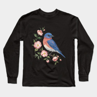 Eastern Bluebird Perched with Blossoms Long Sleeve T-Shirt