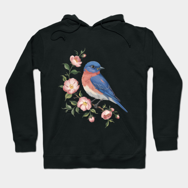 Eastern Bluebird Perched with Blossoms Hoodie by BirdsnStuff