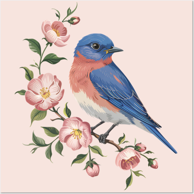 Eastern Bluebird Perched with Blossoms Wall Art by BirdsnStuff