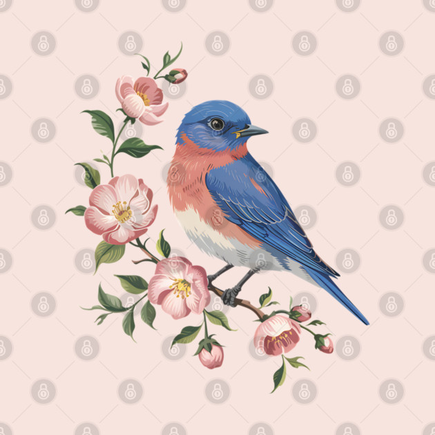 Eastern Bluebird Perched with Blossoms by BirdsnStuff