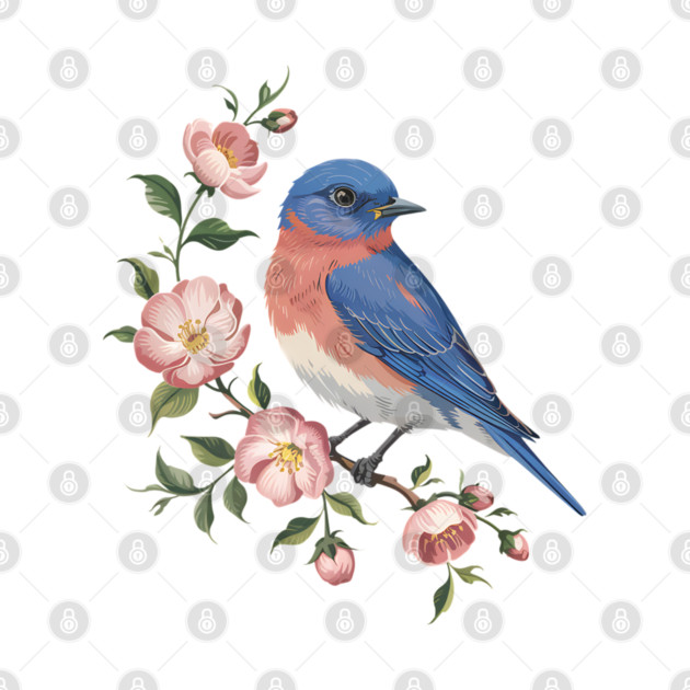 Eastern Bluebird Perched with Blossoms by BirdsnStuff