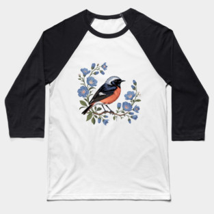 Common Redstart Bird with Wild Blue Flowers Baseball T-Shirt