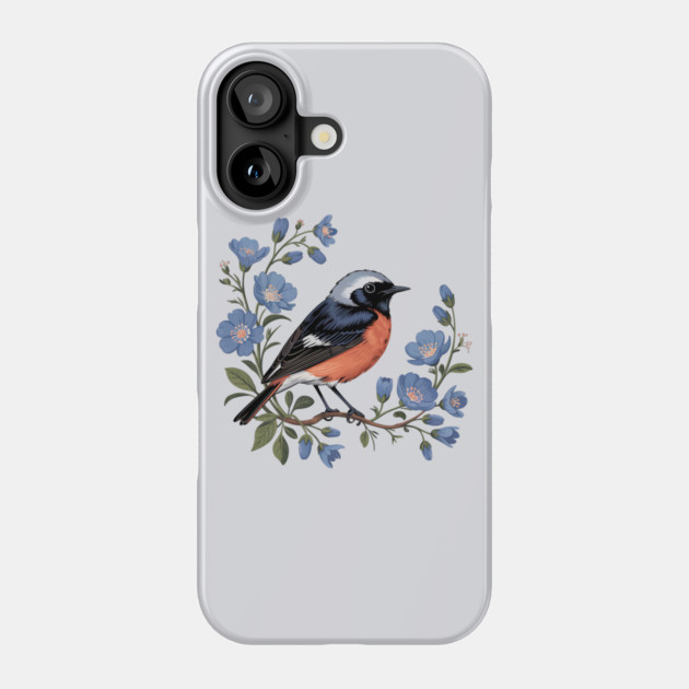 Common Redstart Bird with Wild Blue Flowers Phone Case by BirdsnStuff