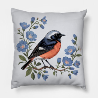 Common Redstart Bird with Wild Blue Flowers Pillow