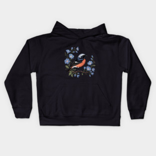 Common Redstart Bird with Wild Blue Flowers Kids Hoodie
