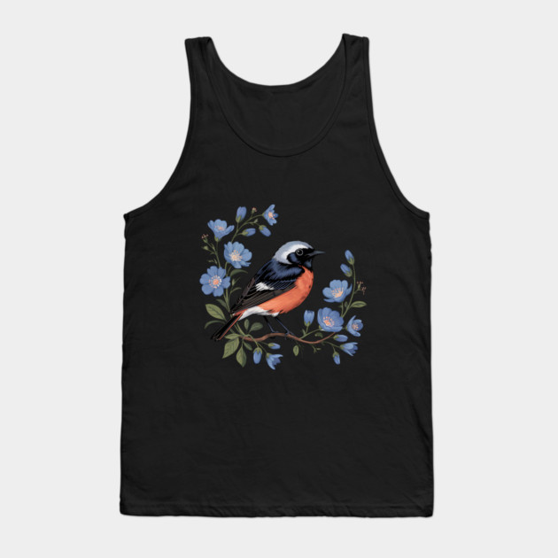Common Redstart Bird with Wild Blue Flowers Tank Top by BirdsnStuff