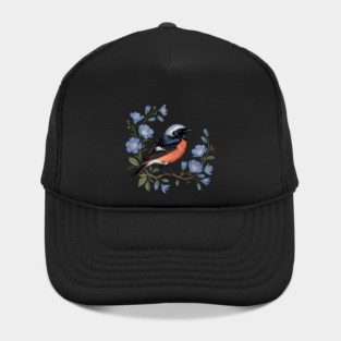 Common Redstart Bird with Wild Blue Flowers Hat