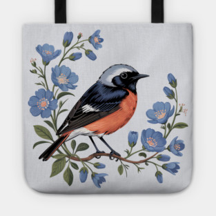 Common Redstart Bird with Wild Blue Flowers Tote