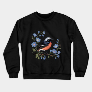 Common Redstart Bird with Wild Blue Flowers Crewneck Sweatshirt