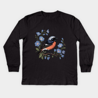 Common Redstart Bird with Wild Blue Flowers Kids Long Sleeve T-Shirt