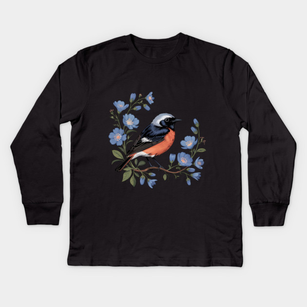 Common Redstart Bird with Wild Blue Flowers Kids Long Sleeve T-Shirt by BirdsnStuff