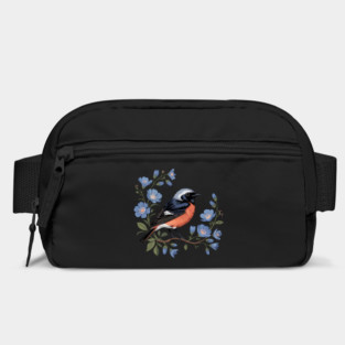 Common Redstart Bird with Wild Blue Flowers Bag