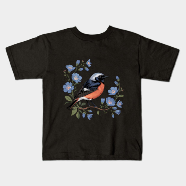 Common Redstart Bird with Wild Blue Flowers Kids T-Shirt by BirdsnStuff