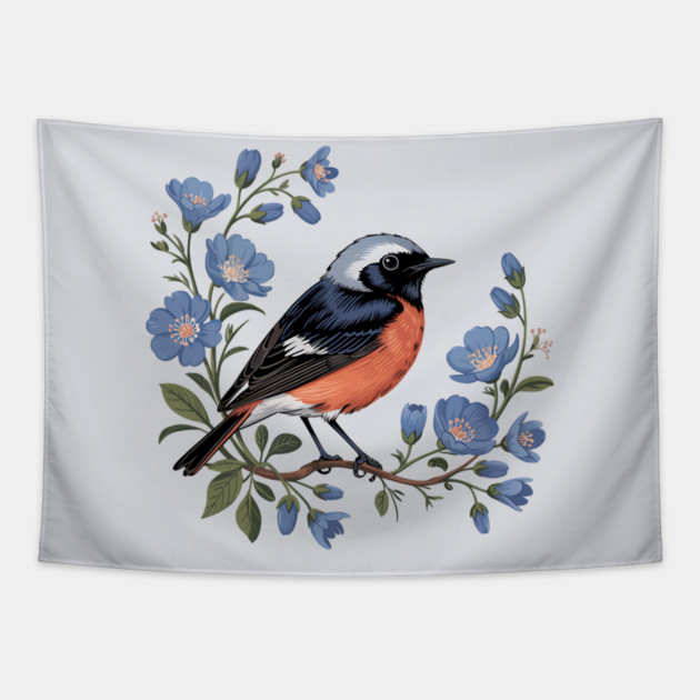 Common Redstart Bird with Wild Blue Flowers Tapestry by BirdsnStuff
