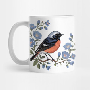 Common Redstart Bird with Wild Blue Flowers Mug