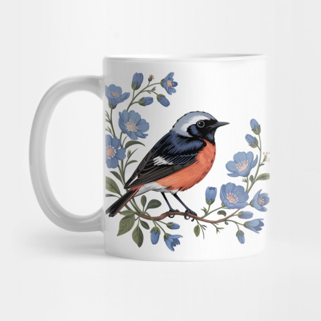Common Redstart Bird with Wild Blue Flowers by BirdsnStuff