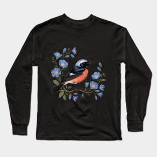 Common Redstart Bird with Wild Blue Flowers Long Sleeve T-Shirt
