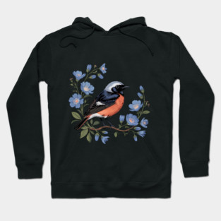 Common Redstart Bird with Wild Blue Flowers Hoodie