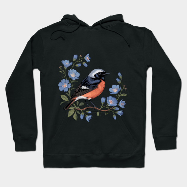 Common Redstart Bird with Wild Blue Flowers Hoodie by BirdsnStuff
