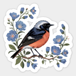 Common Redstart Bird with Wild Blue Flowers Magnet