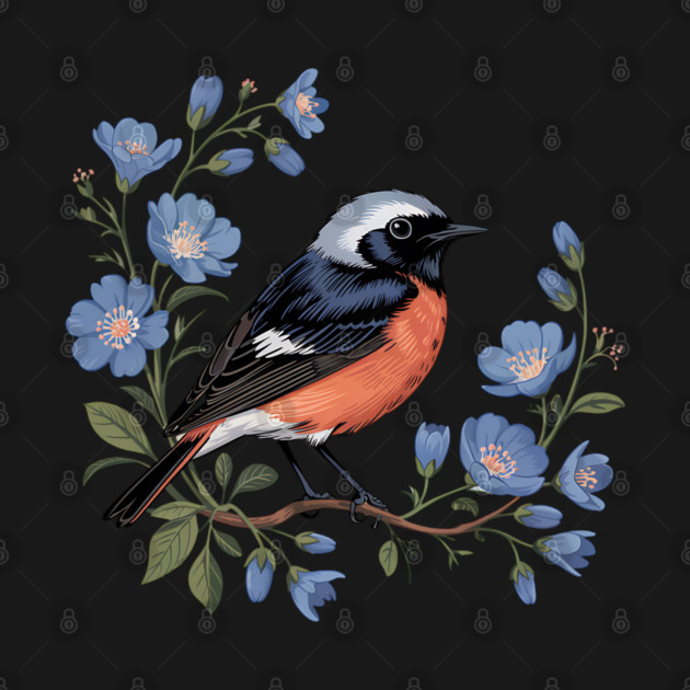 Common Redstart Bird with Wild Blue Flowers by BirdsnStuff