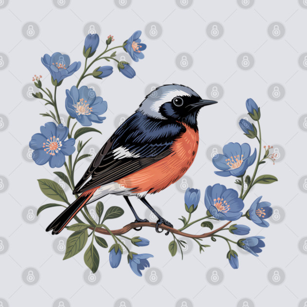 Common Redstart Bird with Wild Blue Flowers by BirdsnStuff