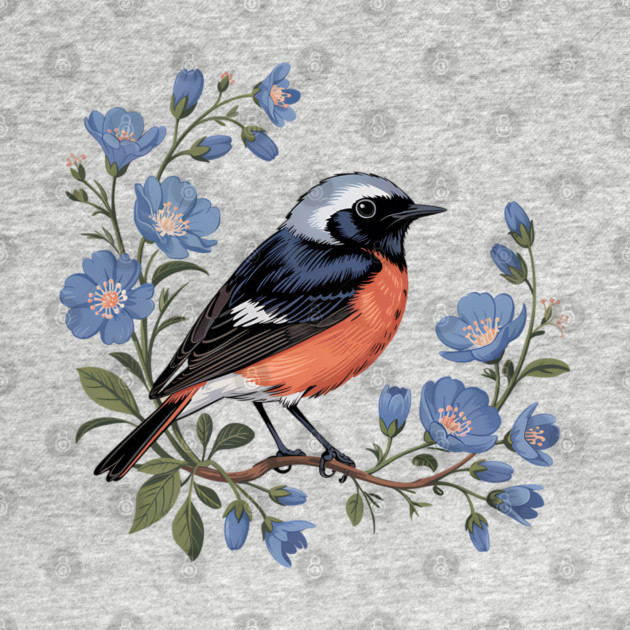 Common Redstart Bird with Wild Blue Flowers by BirdsnStuff