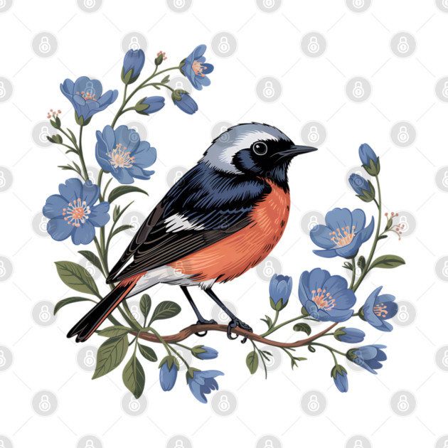 Common Redstart Bird with Wild Blue Flowers by BirdsnStuff