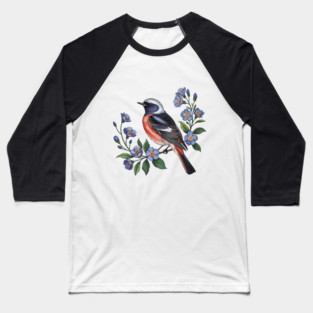 Redstart Bird Perched in Blue Floral Scene Baseball T-Shirt