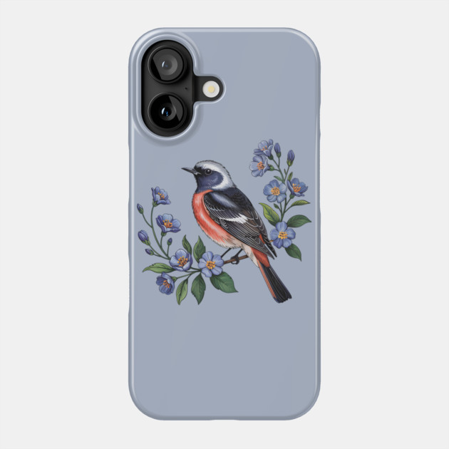 Redstart Bird Perched in Blue Floral Scene Phone Case by BirdsnStuff