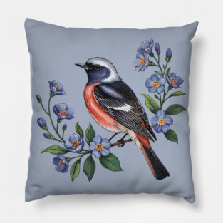 Redstart Bird Perched in Blue Floral Scene Pillow