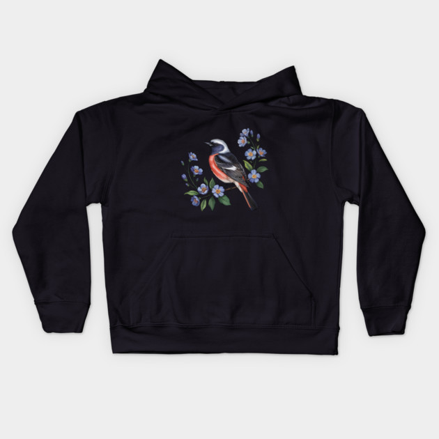 Redstart Bird Perched in Blue Floral Scene Kids Hoodie by BirdsnStuff